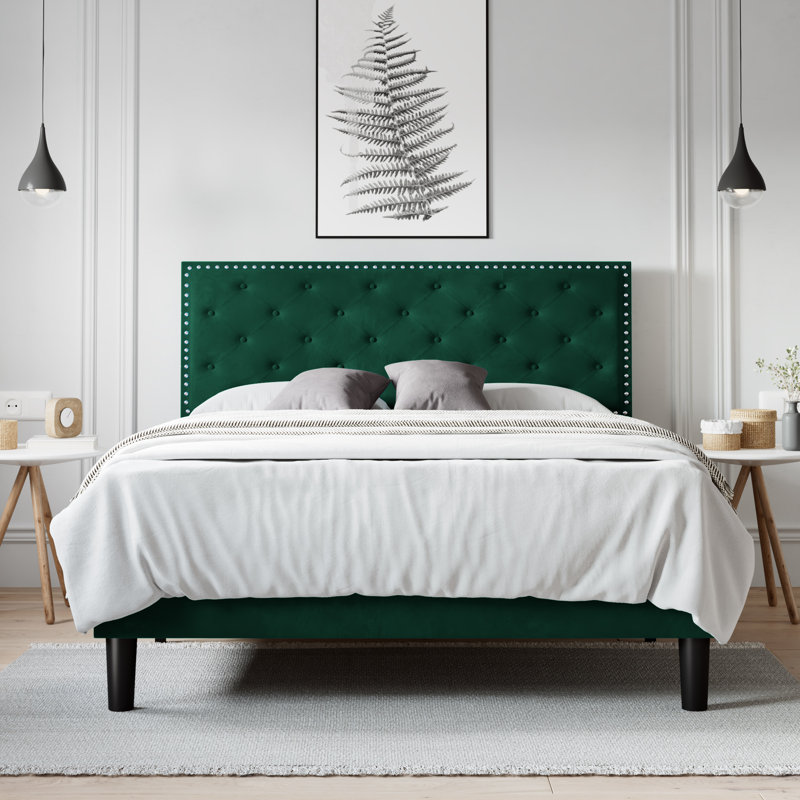 Basnett Upholstered Platform Bed, Green, Queen