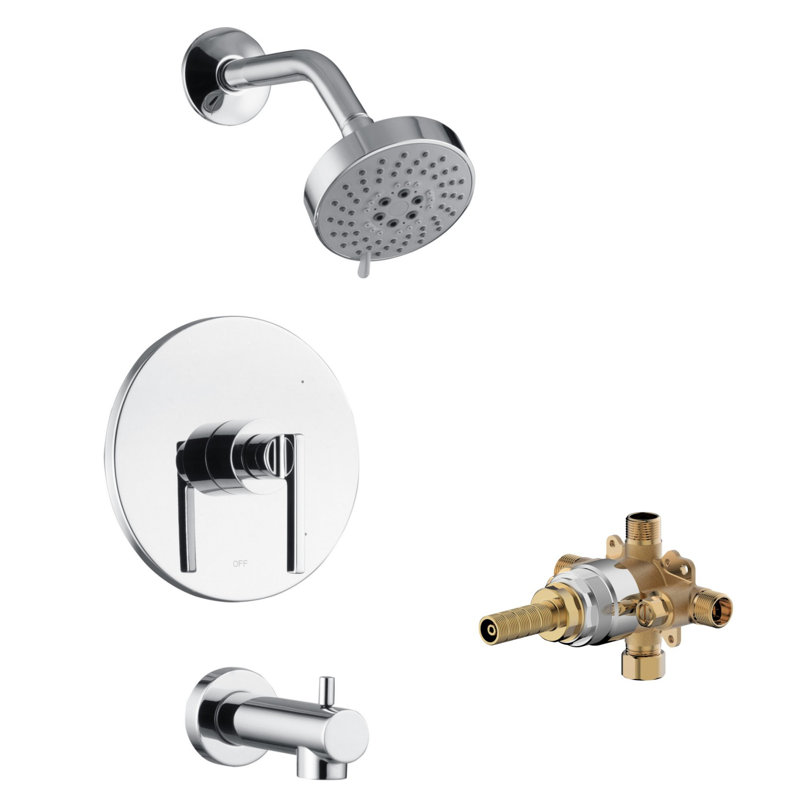 Ardua Collection Shower Trim System: 4-Function 4" Round Shower Head, Single Handle Set, Tub Spout & Rough-in Valve Included - Chrome Polished