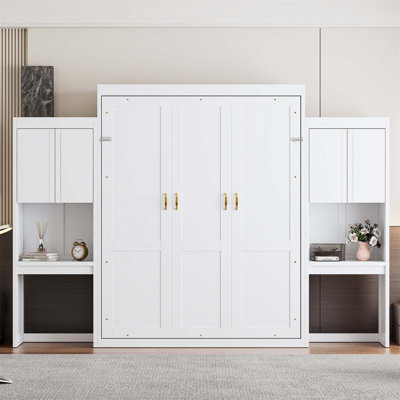 Space-Saving Murphy Bed With Integrated Desk, Cabinets, And Flip-Up Vanity For Versatile Small-Space Living.