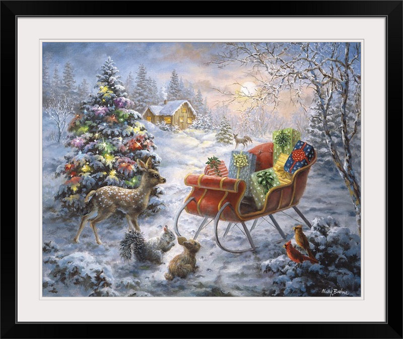 « christmas art tis », la nuit avant xmas par nicky boehme, reproduction d’art, H 32 po x l 38 po x P 1 po, Cadre noir