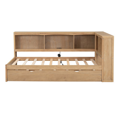Kids Daybed with Hidden Trundle & Headboard Storage, Solid Wood Slat Multi-Functional Children's Bed for Small Spaces-Wood