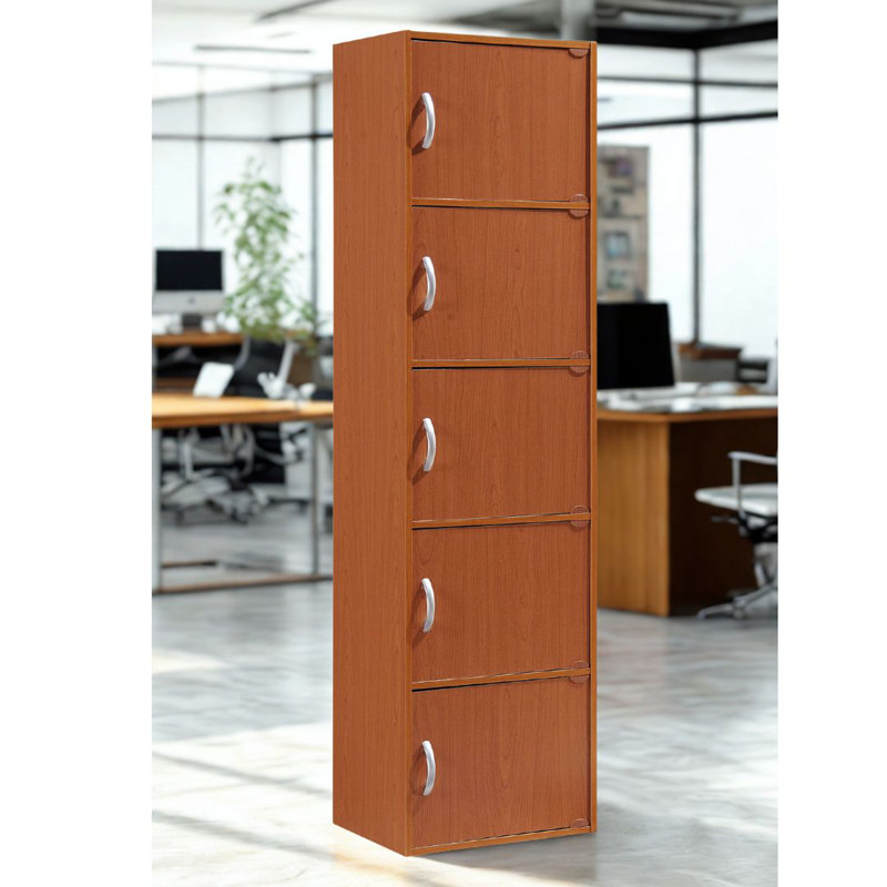 5-Doors, 5-Shelf Bookcase 59 in. Tall Enclosed Storage 5-Tier Bookshelf for Home or Office, Cherry