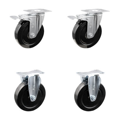 5 Inch Hard Rubber Wheel Swivel Top Plate Caster Set 2 Lock Brakes 2 Rigid SCC