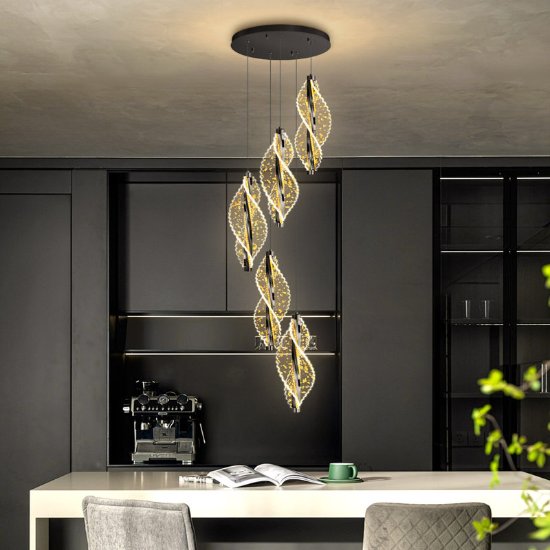 Lustre 5 lumières DEL moderne en acrylique noir, 3600 Lumens, 78.7" H x 15.7" W x 15.7" D, Matte Black