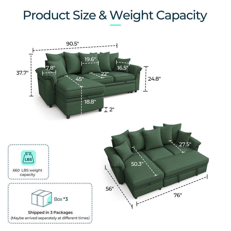 Upholstered Sectional, Elio Green Corduroy