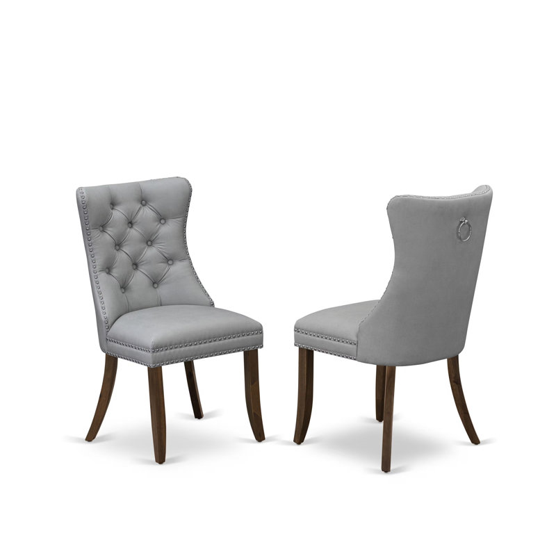 Dallas Parsons Dining Chairs - Button Tufted Nailhead Light Gray Polyester Fabric Upholstered Chairs, Set of 2, Antique Walnut