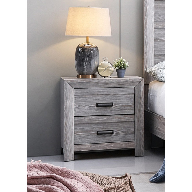 Table de chevet 2 tiroirs, gris rustique, meubles en bois