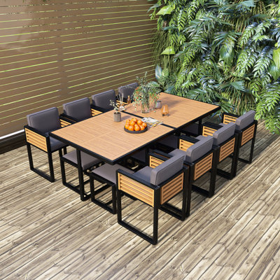 Ensemble de salle à manger 18 pièces pour patio en bois d'acacia, 8 chaises rembourrées, 8 repose-pieds et 2 tables carrées, pour la cour, le jardin, la terrasse et la piscine, gris