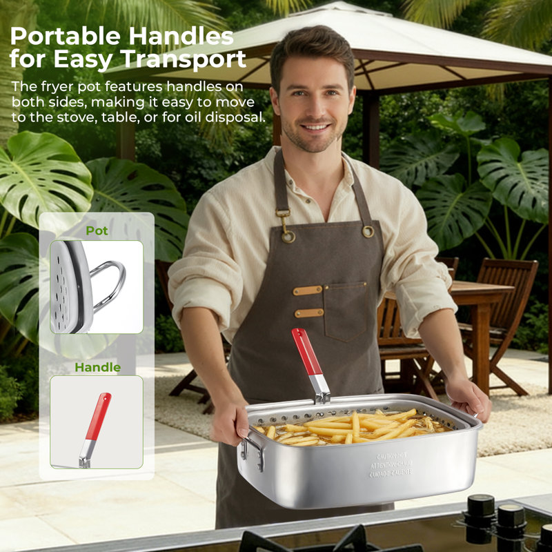18qt Aluminum Deep Fryer Pot With Basket, Outdoor Fish Fryer Pot With Easy Grip Handle - Lightweight & Durable Rectangular Outdoor Fryer For Frying Fish, French Fries, Chicken Wing