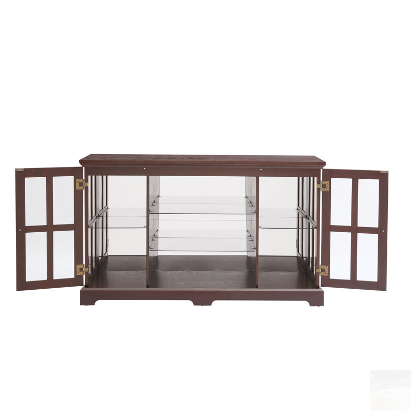 Armoire basse à 2 grilles avec bande lumineuse RVB en couleur et poignées rétro, tablettes réglables à 2 niveaux, rangement en verre multifonctionnel pour diverses pièces