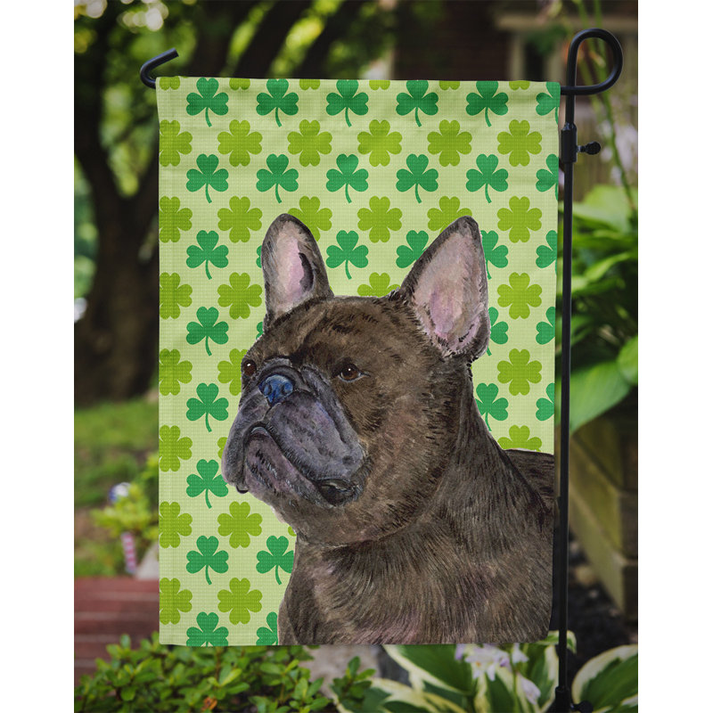 Drapeau de jardin à 2 côtés st. patrick day trèfle, Bouledogue français (brun)