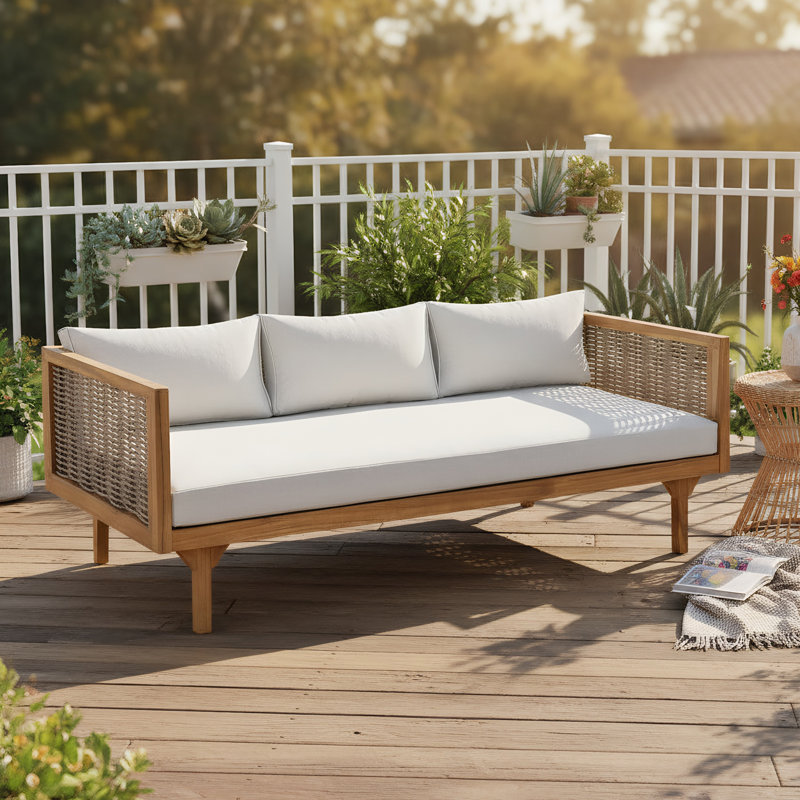 67.5'' Wide Acacia Wood Straight Patio Sofa,Seater Daybed, With Cushions, Light Gray