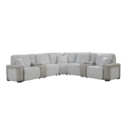 Ramona Luxurious Power Reclining Corduroy Fabric Mix PU Sectional With Plush Cushioning, Wireless Charging Console, And Hidden Pull-Out Cupholder Tray-Light Gray