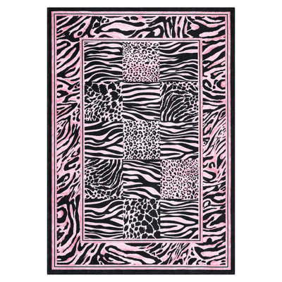 5'x7' Leopard Print Patchwork Washable Area Rug, Non-Slip Low Pile Soft Pearl Velvet Carpet, Pink
