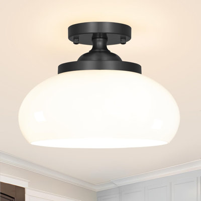 Mid-Century Ceiling Light with Hand-Blown Milk Glass Shade - 12 Inch Semi Flush Mount Light Fixture for Hallway, Kitchen & Bedroom - 3 Light E12 Sockets for Even Illumination & Easy Installation