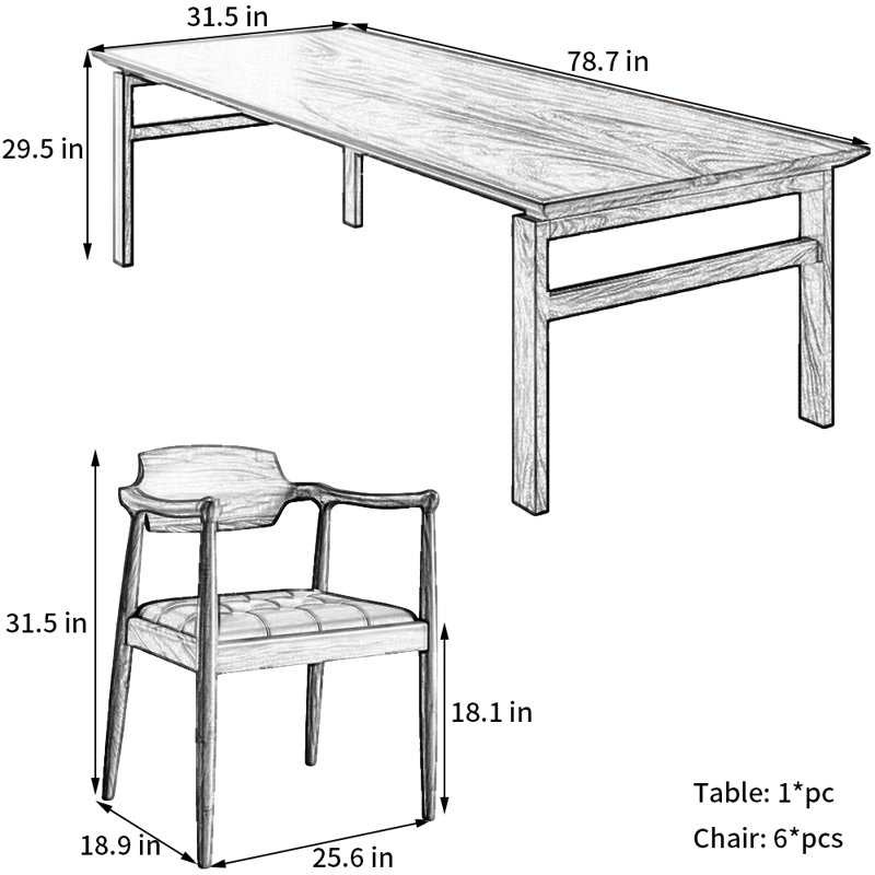 Rectangular Home    Walnut    Dining    Set, 29.5"H x 78.7"L x 31.5"W