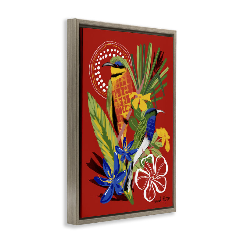 Gambia Inspired Birds Grey Framed Floater Canvas by Hannah Byatt, H 31 po x l 21 po, Cadre flottant orme Montalcino