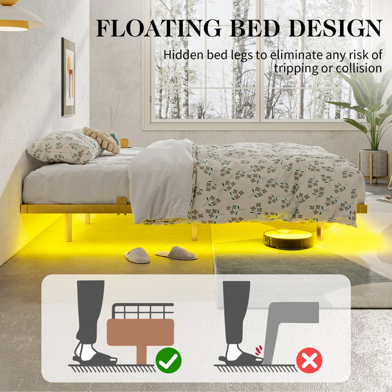 Floating Bed Frame With Led Light, Gold, Full