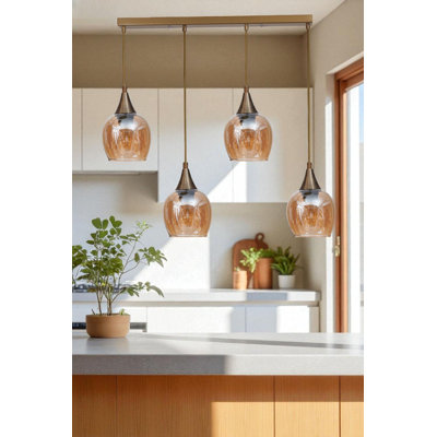 Elegant Metal Chandelier with Glass Cap, Honey & Gold Finish, 31.5 x 2.4 x 1.2 inches | Adjustable Height, 4 x E27 Socket (Max 40W) | for Living Room, Dining Room & Entryway, Stylish & Modern Design