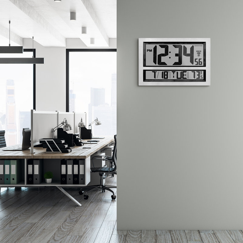 Commercial Grade Jumbo Atomic Wall Clock with 8 Time Zones, Indoor Temperature and Date, Silver