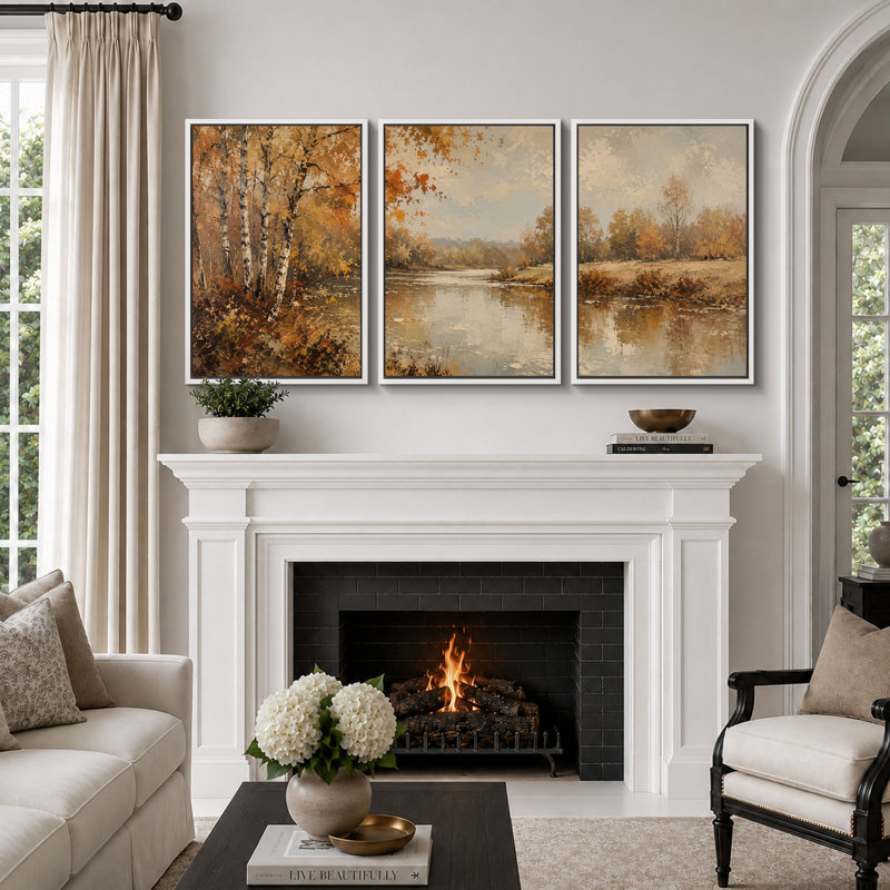 «Autumn River Birch Forest», art de la salle à manger, impression sur toile encadrée, 3 pièces, H 20 po x l 60 po x P 1,5 po