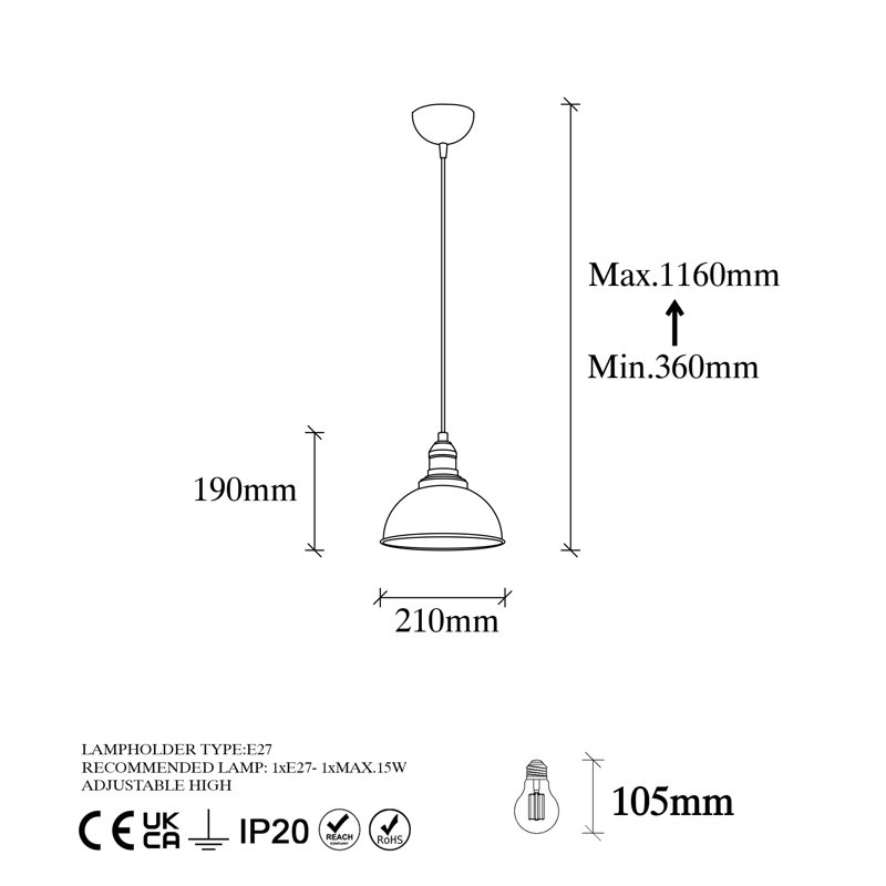 Élégant lustre rétro, structure en métal, 8,3 po x 8,3 po | Hauteur réglable: 14,2 à 45,7 pouces | Douille E27, 15 W maximum | Design bohémien et scandinave, parfait pour le salon et la salle à manger | Luminaire élégant avec capuchon en métal et plaque de base