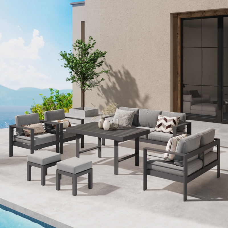 Brandtley 9 - Person Patio Conversation Set with Cushions, Gray Frame/Gray Cushion