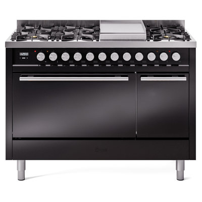 ILVE Professional Plus II Series 48 in. Dual Fuel Range with 8 Sealed Burners, Griddle (Liquid Propane, Solid Door)