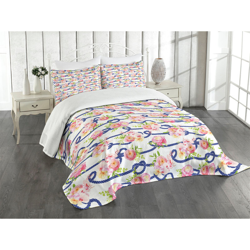 Ambesonne Ambesonne Navy and Blush Bedspread Set 3 Pcs Marine Floral Queen Navy Blue Pink Green