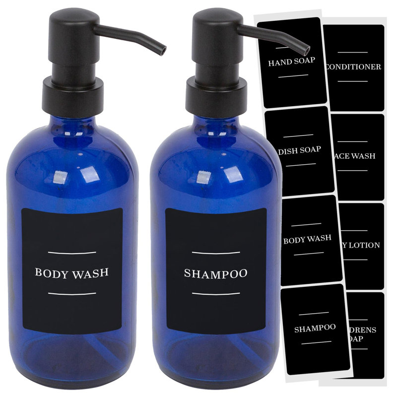 Glass Soap Dispensers with Labels - 500ml, Blue/Black