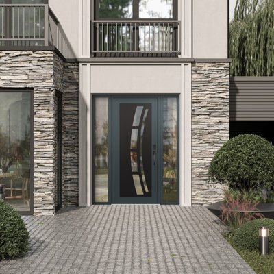 C12 Left-Hand 64 In. X 80 In. Panel Black Steel Anthracite And Anthracite Clear Glass With 2 Sidelites Clear Glass Prehung Front Entry Door
