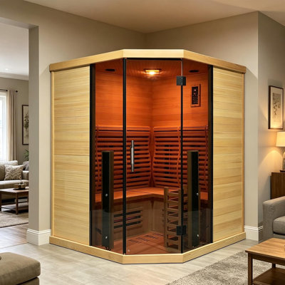 Sauna hybride de coin pour 3 à 4 personnes Hylivesaunas, contrôle intérieur Wi-Fi et infrarouge lointain et saunas traditionnels à la vapeur de la pruche du Canada avec thérapie par la lumière rouge, 13 éléments chauffants et cuisinière électrique, accessoires