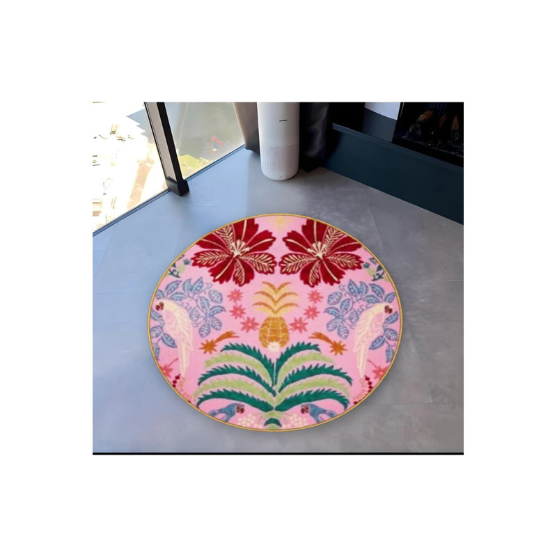Pink Themed Mixed Floral Patterned Round Woven Base Vintage Decorative Carpet, Round 4'