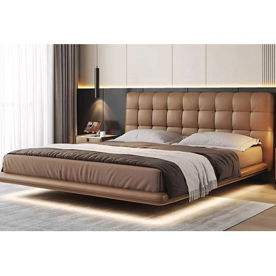 67.3"×87.8" Fits Mattress Size: 59.8" × 79.9" Modern Leather Platform Bed With Led Lighting Ultra-Fiber Leather Steel-Wood Slatted Frame