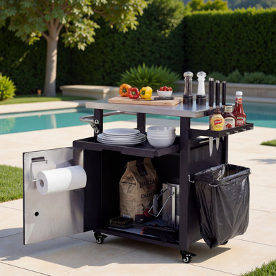 Îlot de cuisine avec roulettes, plateau en acier inoxydable, support à papier et couvercle imperméable pour l'extérieur