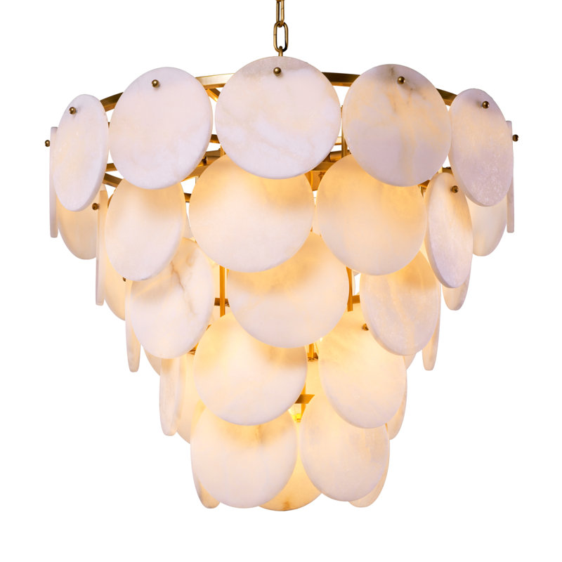 Antique Brass and Alabaster 9-Light Tiered Chandelier