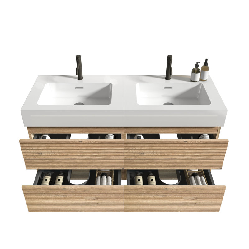 Meuble-lavabo 48 po avec lavabo à quartz en chêne et tiroirs noirs doux, meuble-lavabo mural flottant pour salle de bain moderne, lavabo une pièce blanc brillant mat, KD