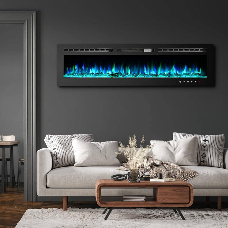 70-Inch Electric Fireplace Insert – Recessed or Wall-Mounted Linear Fireplace with Timer, Remote Control, Touch Screen, Overheating Protection, Log & Crystal, Adjustable Flame, 750/1500W