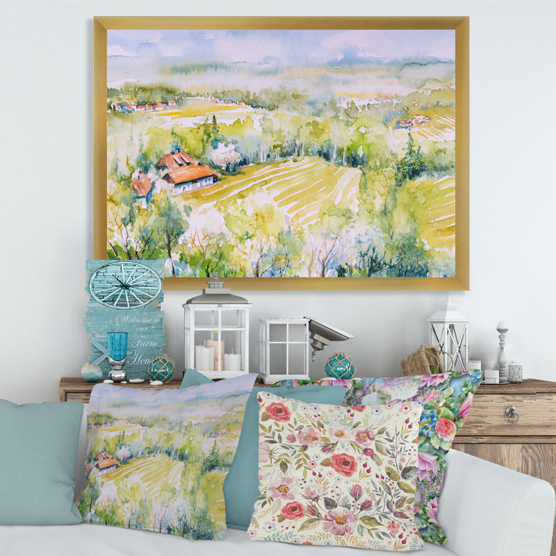 Blossoming Green Fields in Countryside - Peinture sur toile, Toile encadrée d'or, H 30 po x l 40 po x 1,5 po
