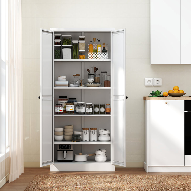 Unité de rangement pour garde-manger de 61 po en métal blanc, 4 tablettes réglables, 110 lb par tablette, outil à installer, facile à nettoyer, peu encombrant dans les armoires de cuisine, capacité de 110 lb, robuste, assemblage de 30 minutes, ventilé