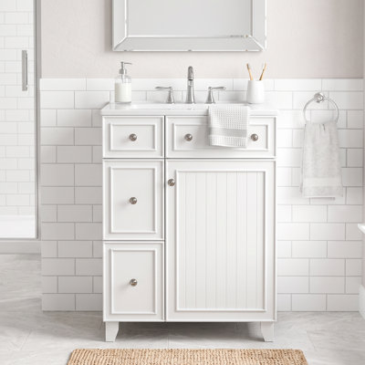 Meuble-lavabo autoportant en céramique 24 po avec armoire en bois massif blanc et panneau de fibres à densité moyenne 24 po, 1 porte, 2 tiroirs, poignées en alliage de zinc, sans robinet, trois trous, ensemble central de 4 po, blanc