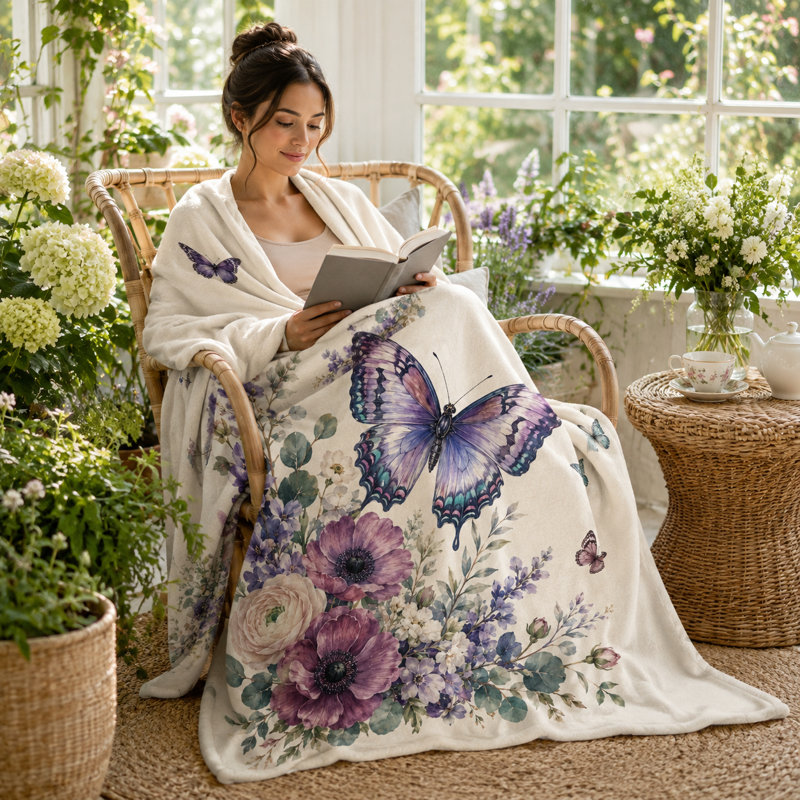 Jeté floral mauve papillon, L 50 po x l 40 po