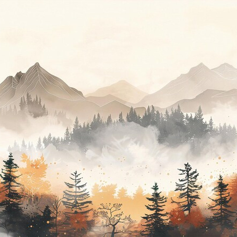 Autumn Mist Forest Mountains Mural, 8" L x 108" W