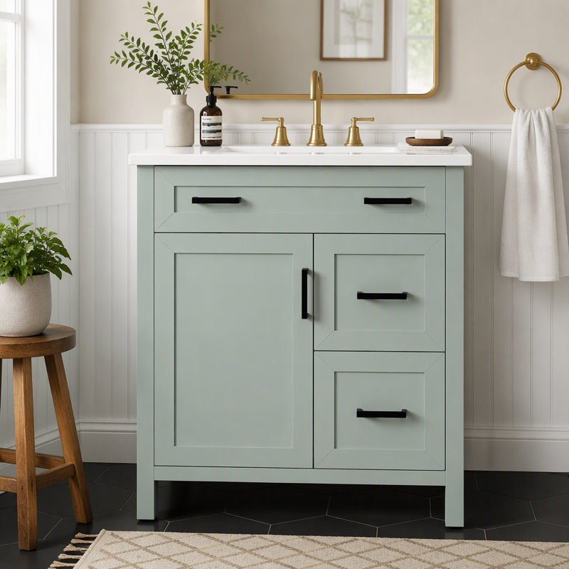 Meuble-lavabo 30 po vert sauge avec lavabo en céramique, structure en bois massif, 2 tiroirs à fermeture en douceur, 1 porte à fermeture en douceur, tablette réglable et poignées noires