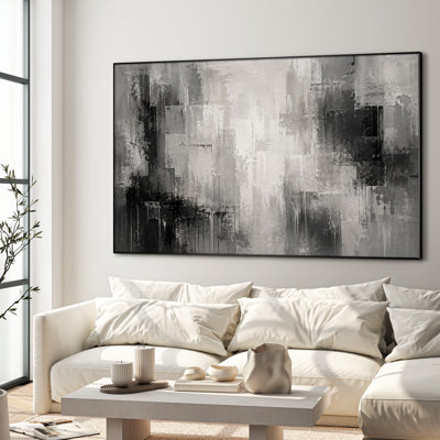 Très grand art mural imprimé sur tissu - Formes texturées abstraites grises, décor de salon contemporain - "Assemblage requis du cadre (cadre non fini)"