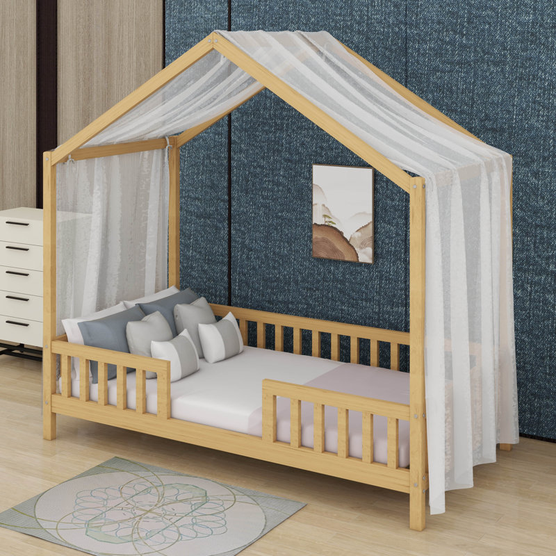Twin Bed Frame With High Railings, Natural, Twin