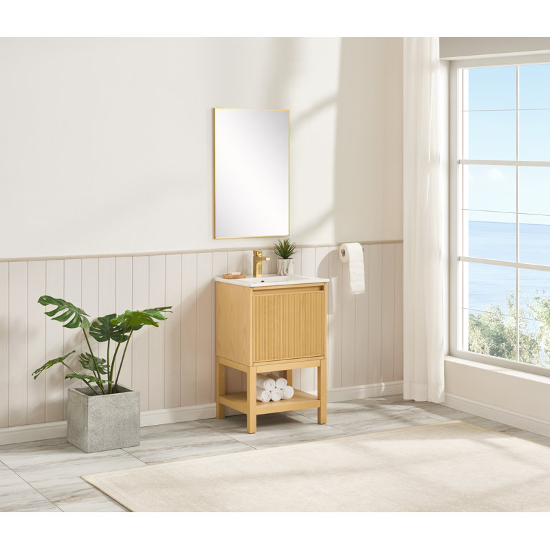 Aven Modern Solid Wood Bathroom Vanity With Adjustable Shelf, Natural Ash