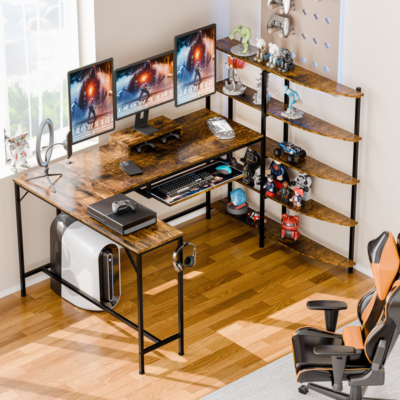 Bureau d'ordinateur en L Omalley avec tablettes de rangement à 5 niveaux, support pour écran et plateau à clavier