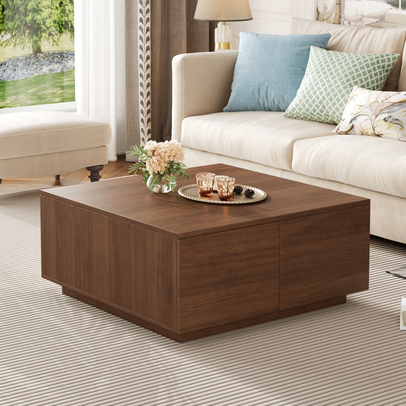Table basse 33,25 po carrée en noyer avec 4 tiroirs de rangement spacieux