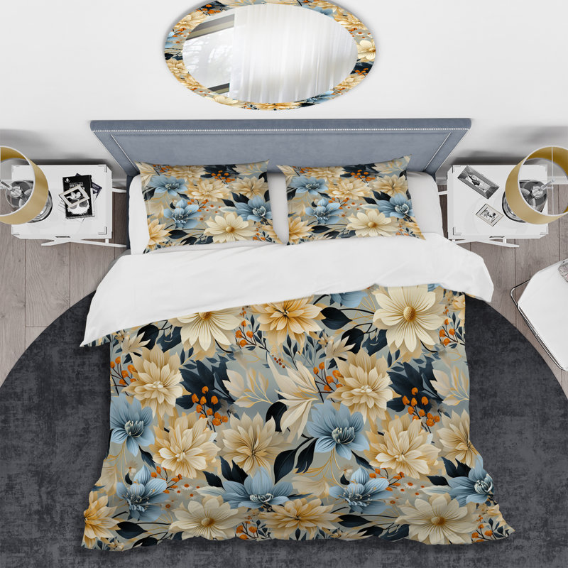 Ensemble de housse de couette Blue Boho Floral Harmony Dreams II, Housse de couette pour très grand lit et 2 très